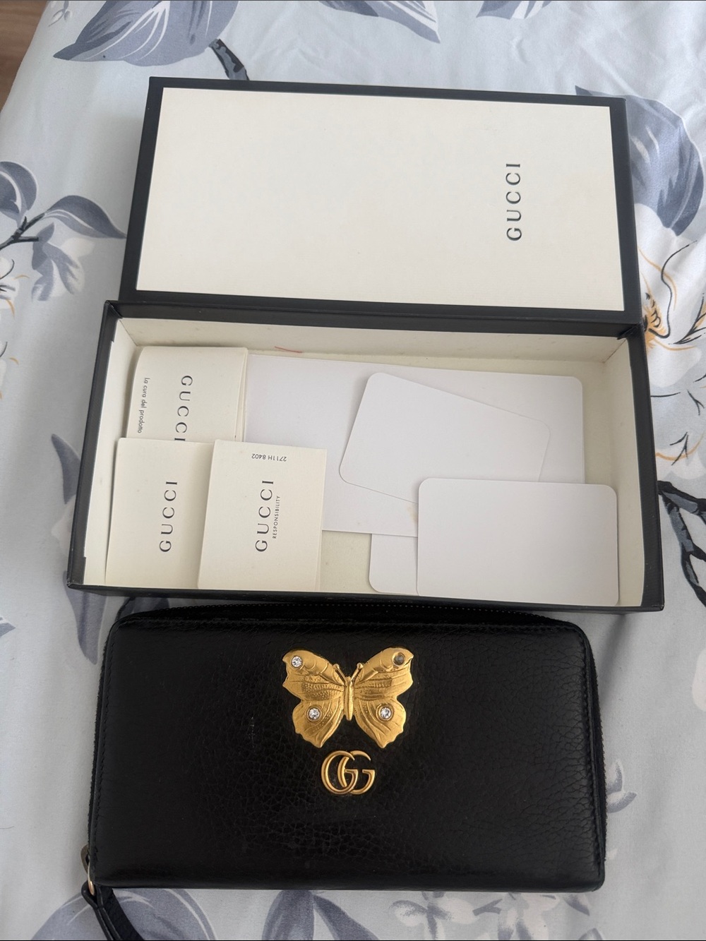 Gucci Black Leather Zip Wallet with Gold Butterfly and GG Emblem